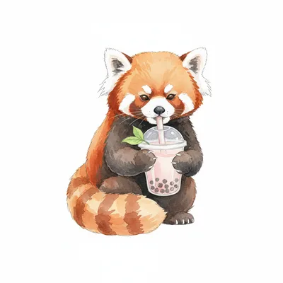 a red panda drinking bubble tea