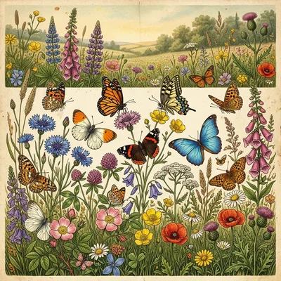 Vintage botanical illustration of wildflowers and butterflies