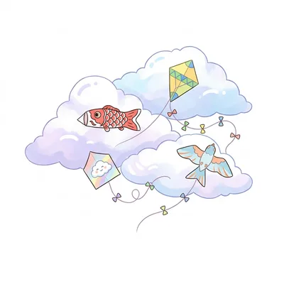 Soft clouds and colorful kites drifting in a pastel sky