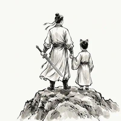 将参考图中的两个人物长相男人手中拿着剑。另外一个手牵着小孩，站在山巅，孤独感，背对镜头，男人没有戴眼镜