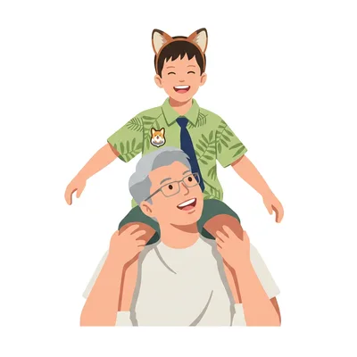 小孩骑在男人的脖子上，都很开心