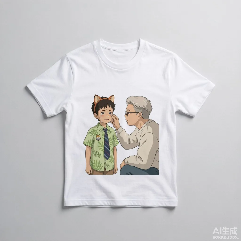 参考附件图中人物长相，小孩子在哭，男人俯身帮男孩擦拭眼泪