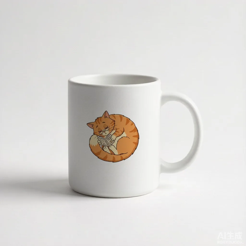 A sleepy orange cat curled up reading a tiny book, cute cartoon