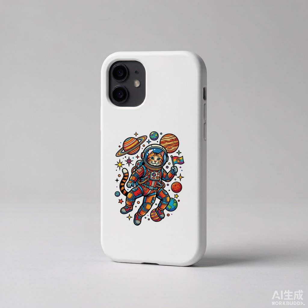 Astronaut cat floating among colorful planets and stars